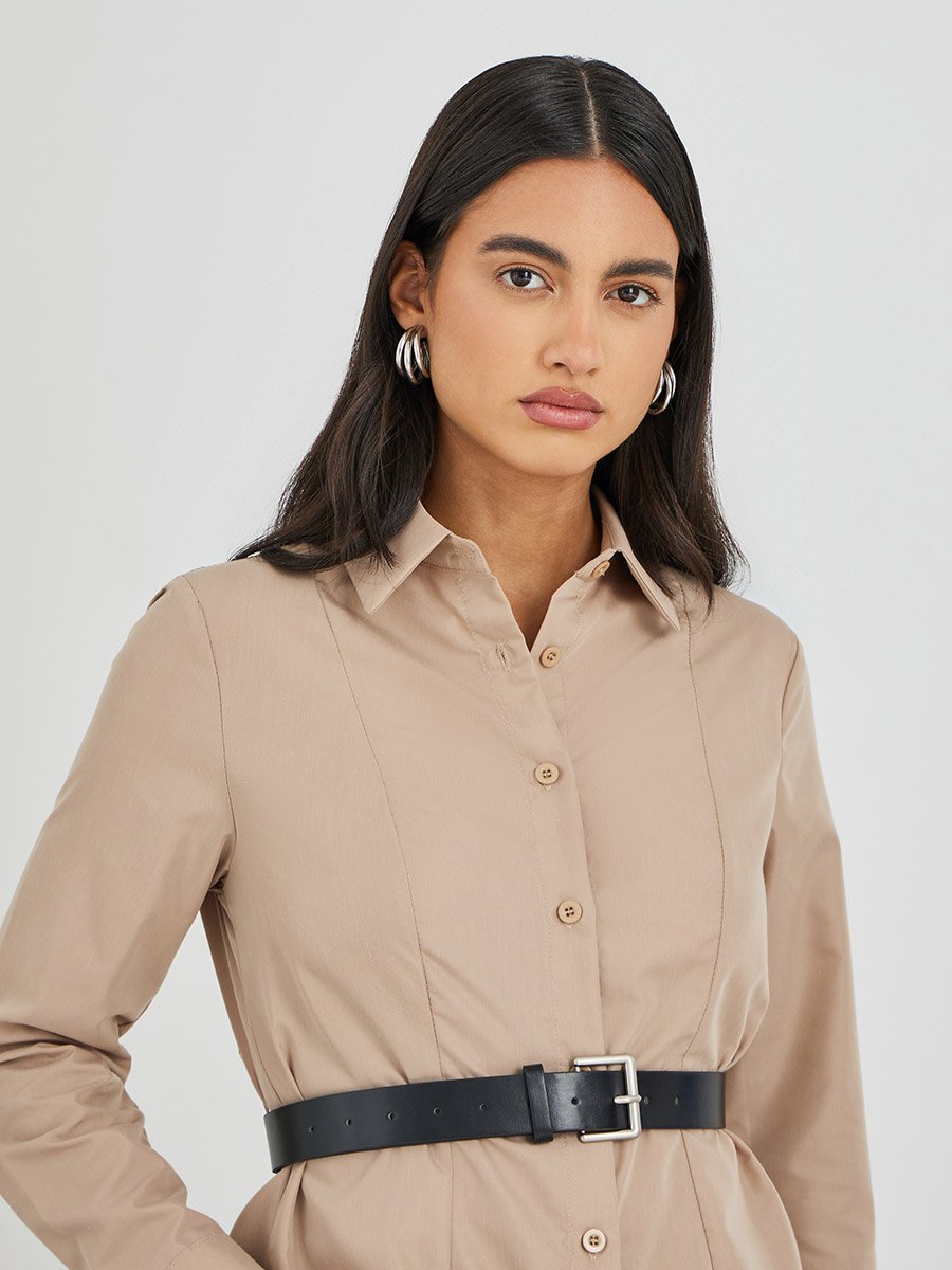 Solid Long Sleeve Buttoned Shirt with Belt