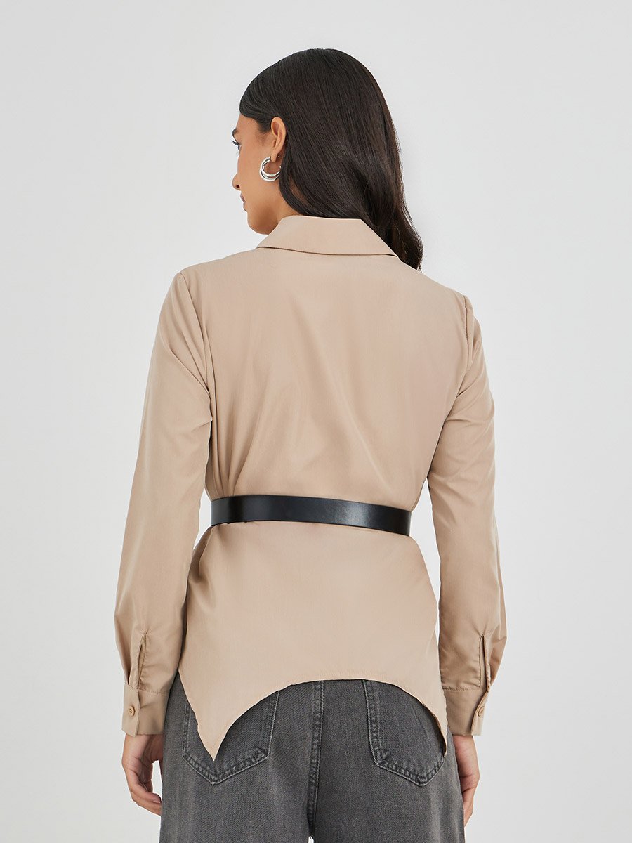 Solid Long Sleeve Buttoned Shirt with Belt