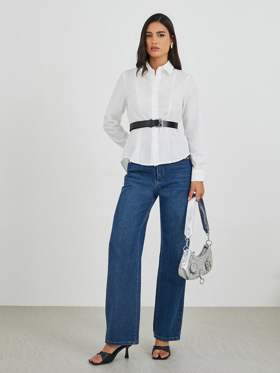 Solid Long Sleeve Buttoned Shirt with Belt