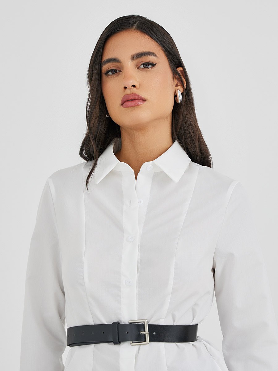 Solid Long Sleeve Buttoned Shirt with Belt