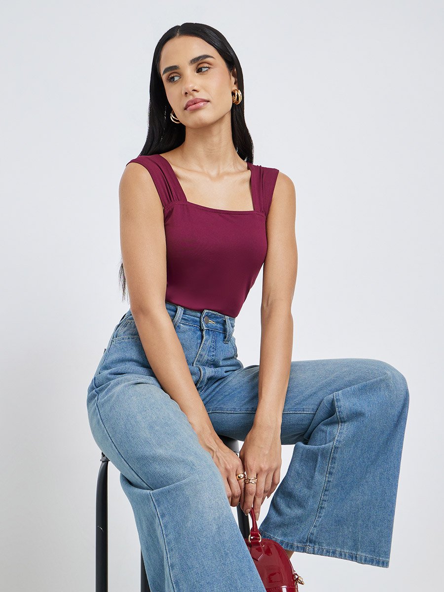 Women Burgundy Square Neck Bodysuit