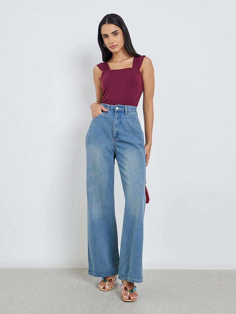 Women Burgundy Square Neck Bodysuit
