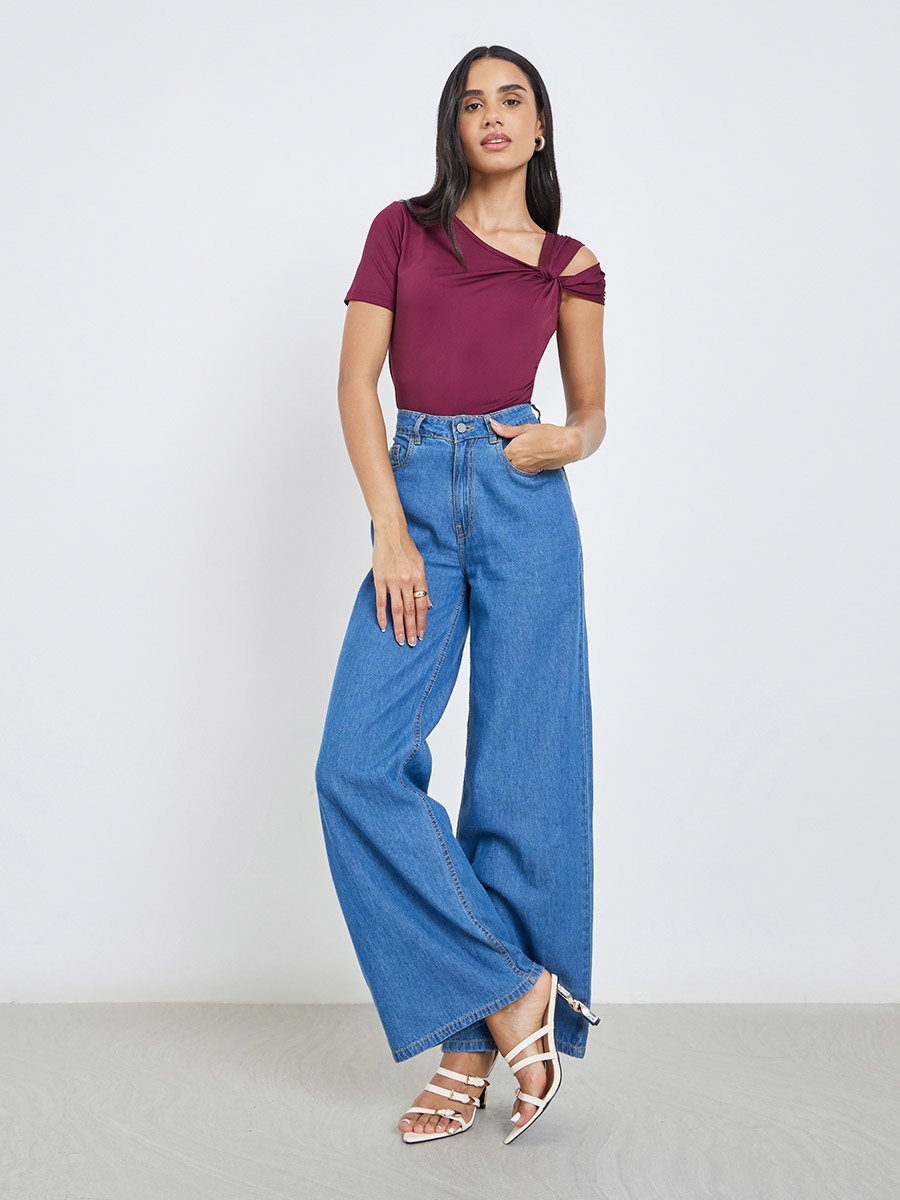 Women Maroon Knot Detail Knit Top