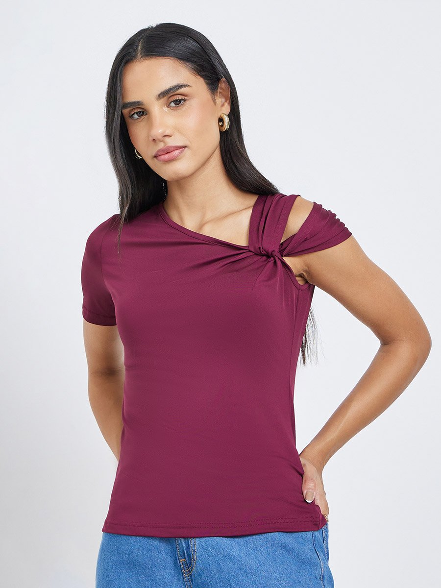 Women Maroon Knot Detail Knit Top