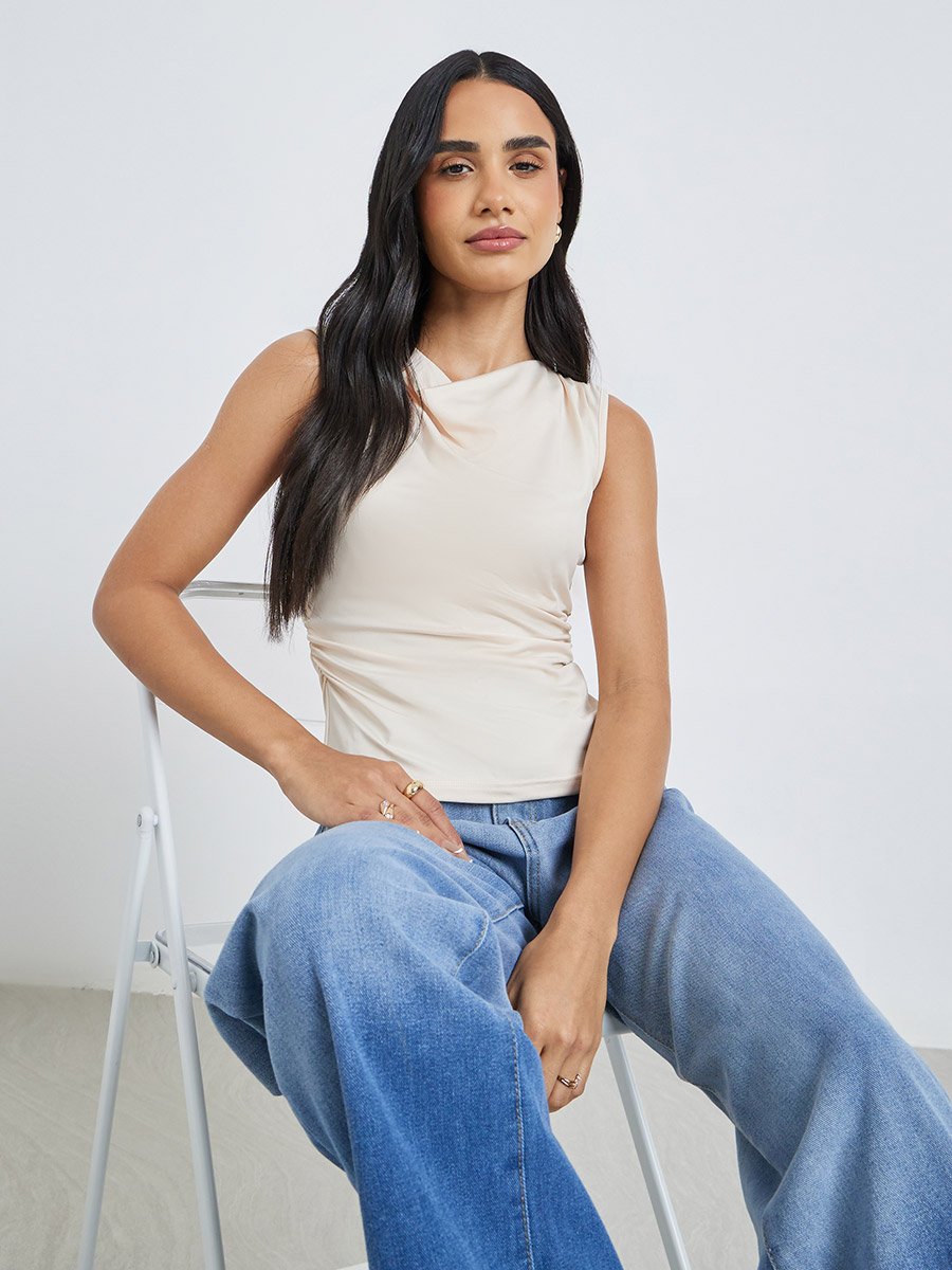 Women Cream Gathered Waist Sleeveless Top