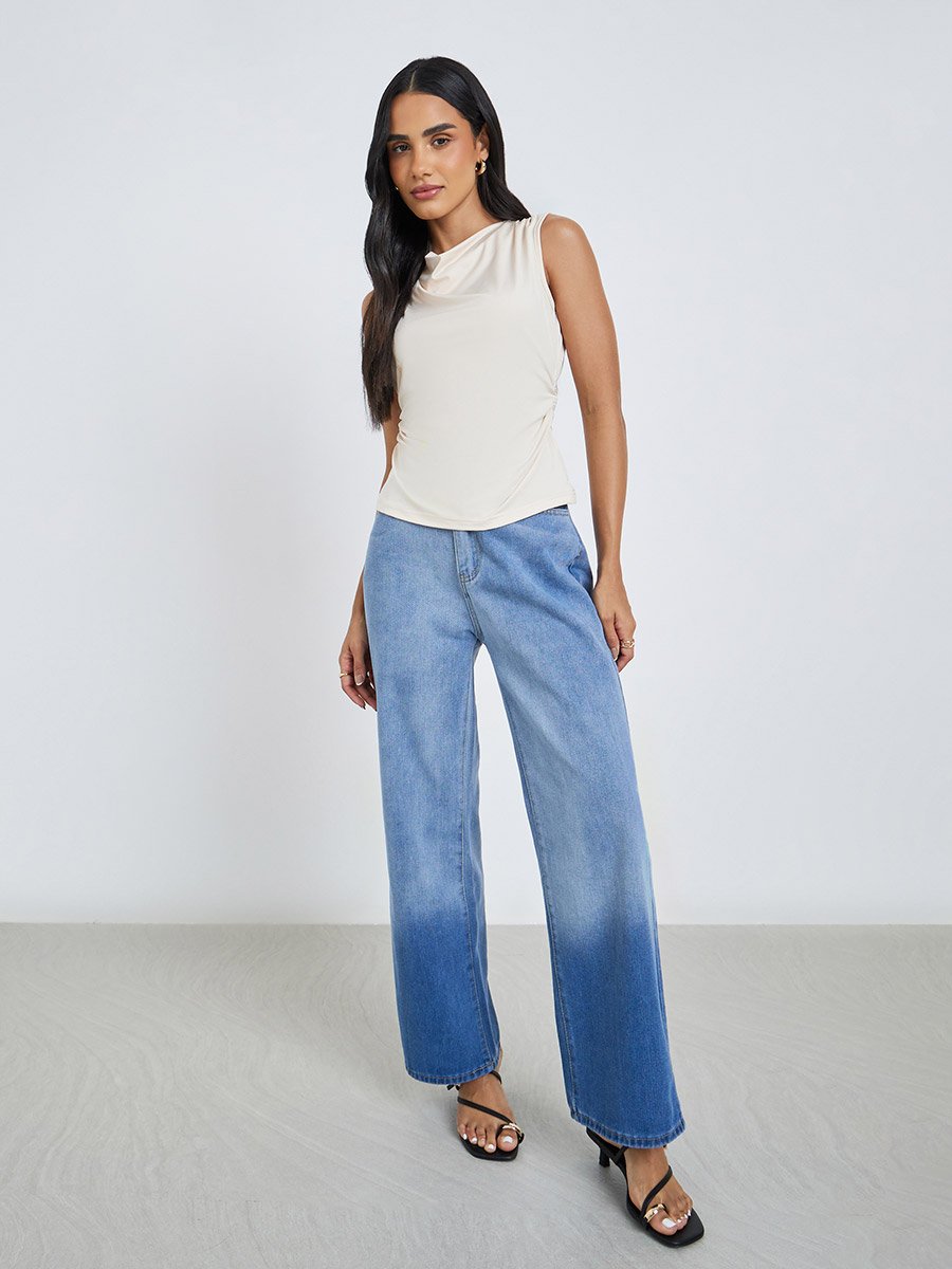 Women Cream Gathered Waist Sleeveless Top