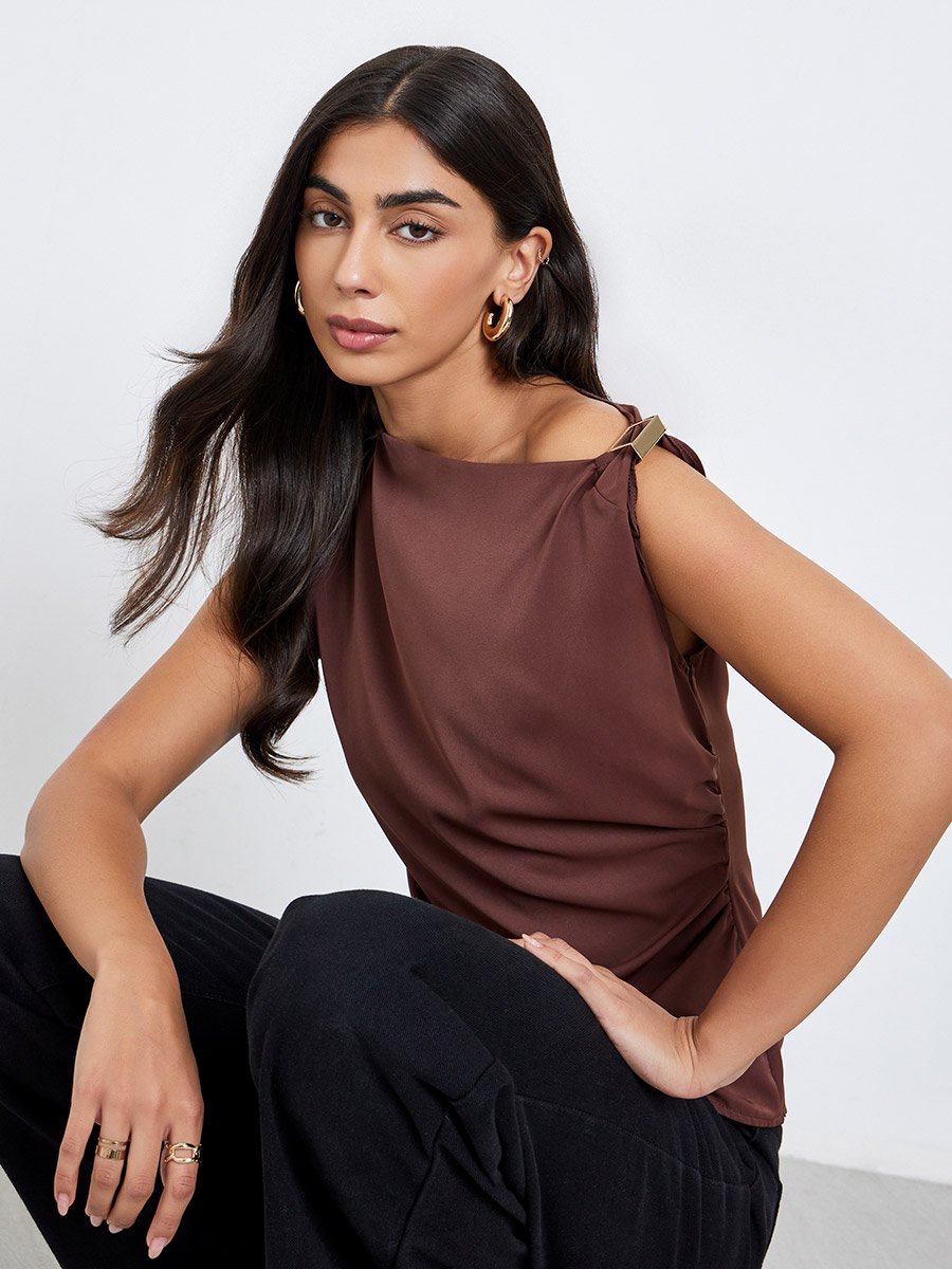 Brown Solid Asymmetric Neck Knit Top