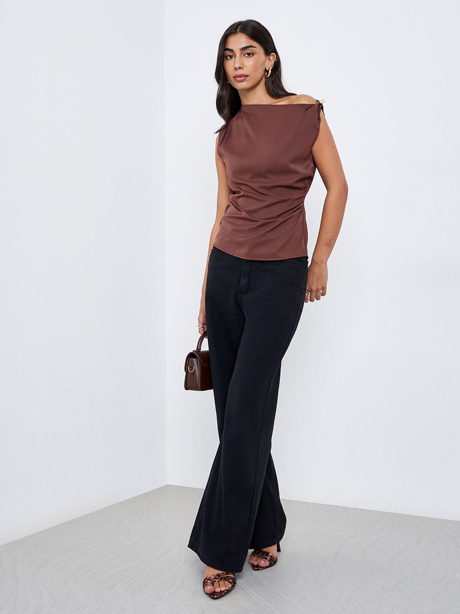 Brown Solid Asymmetric Neck Knit Top