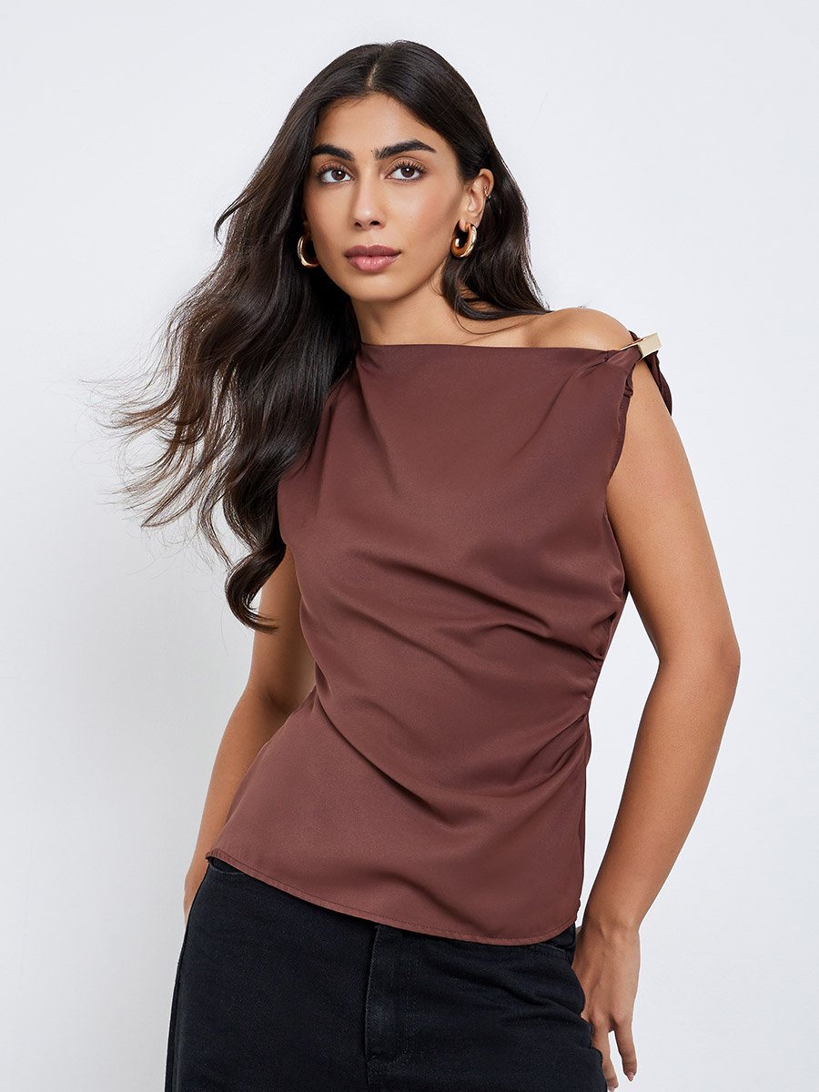 Brown Solid Asymmetric Neck Knit Top
