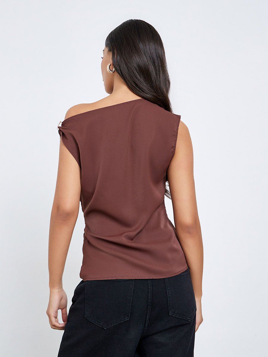 Brown Solid Asymmetric Neck Knit Top