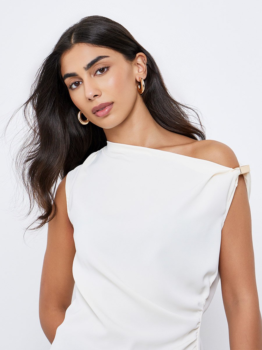 Cream Solid Asymmetric Neck Knit Top