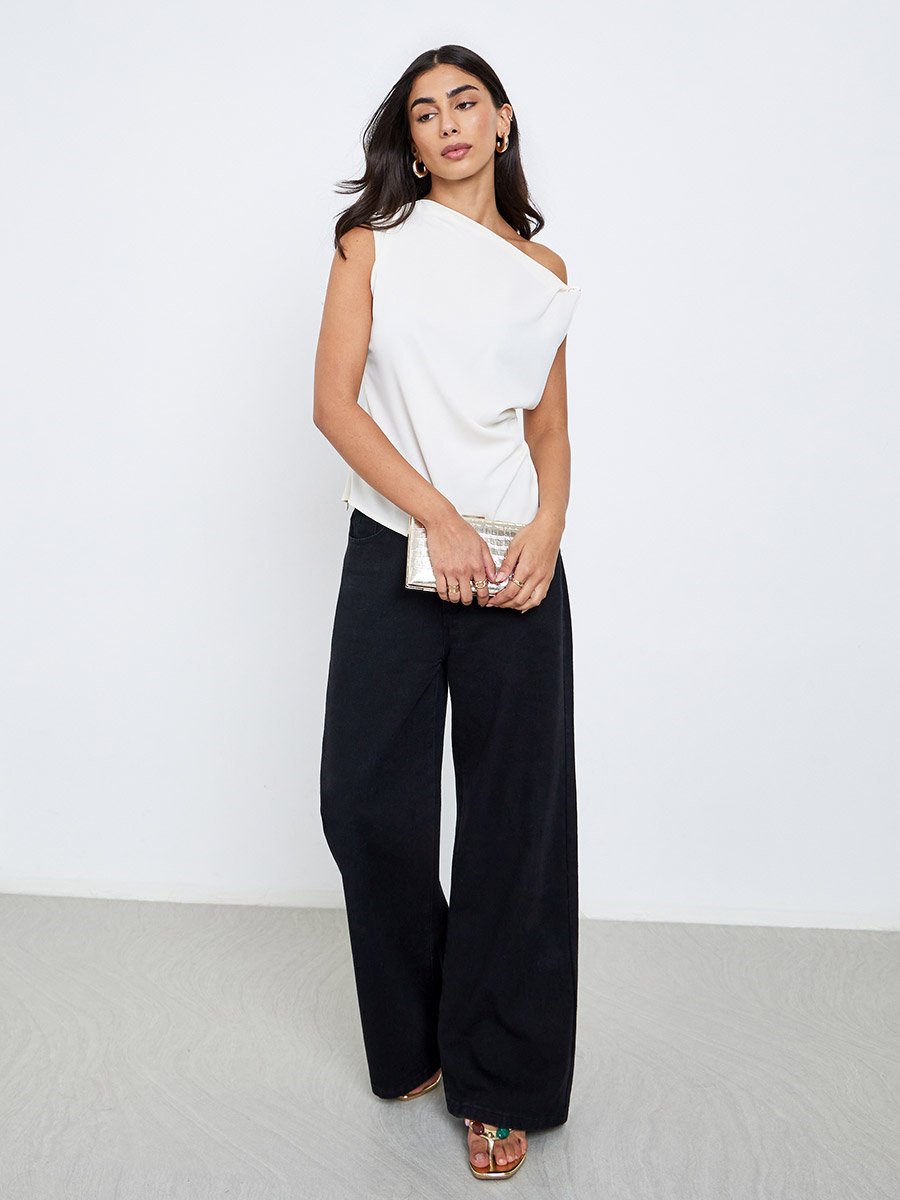 Cream Solid Asymmetric Neck Knit Top