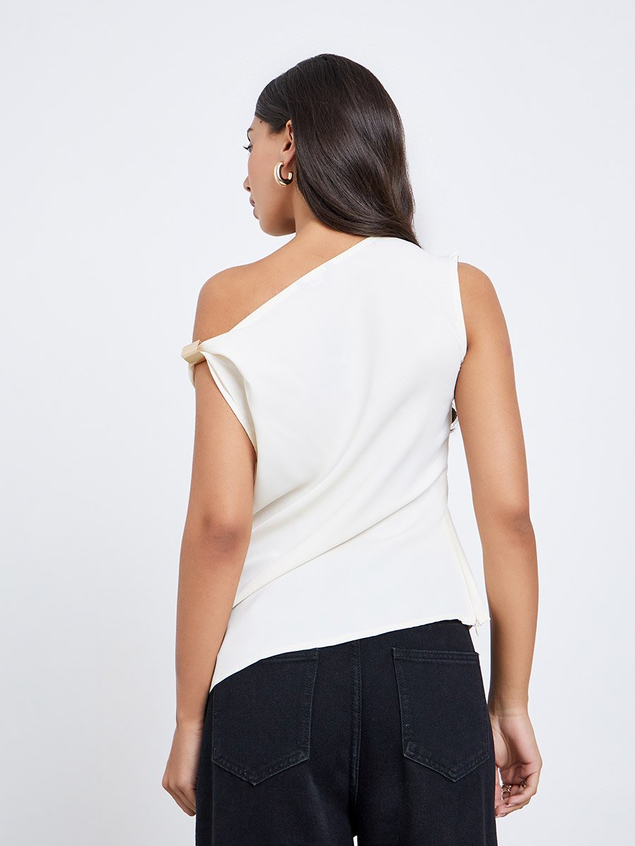 Cream Solid Asymmetric Neck Knit Top