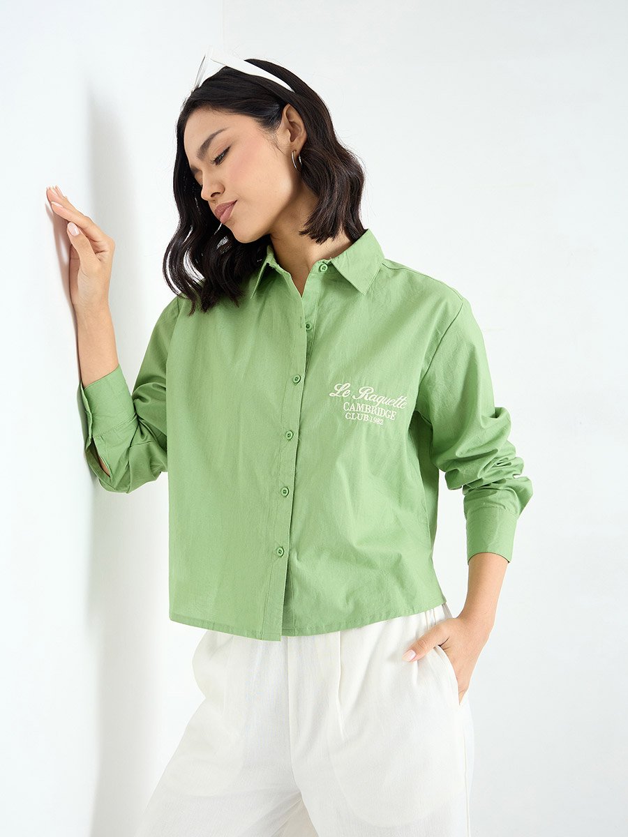 Green Crop Poplin Shirt with Embroidery