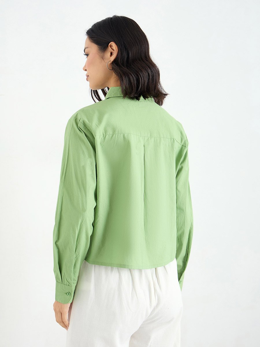 Green Crop Poplin Shirt with Embroidery