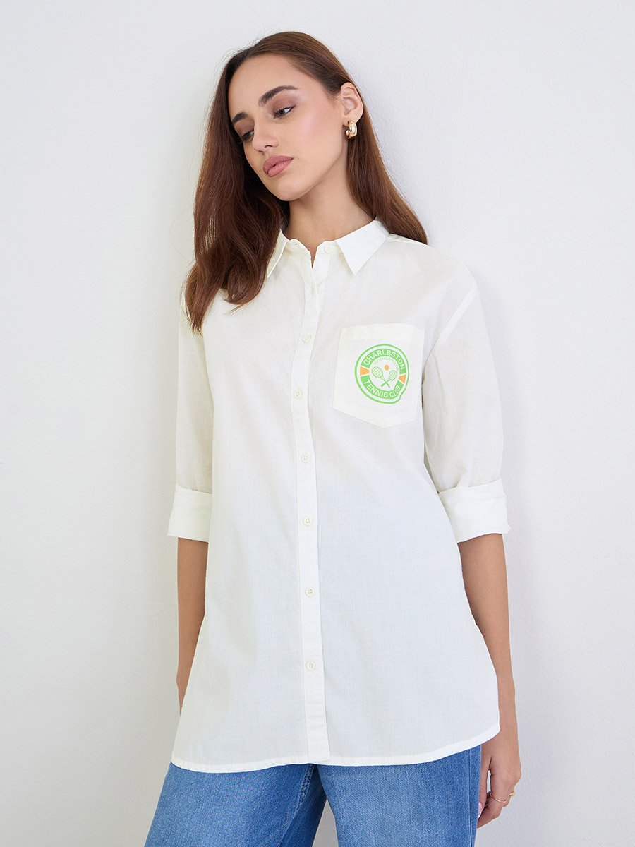 White Longline Shirt with Printed Patch Pocket