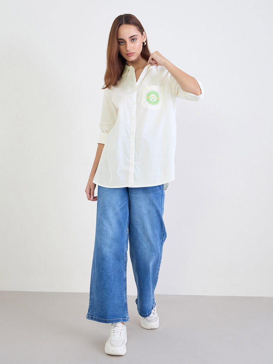 White Longline Shirt with Printed Patch Pocket