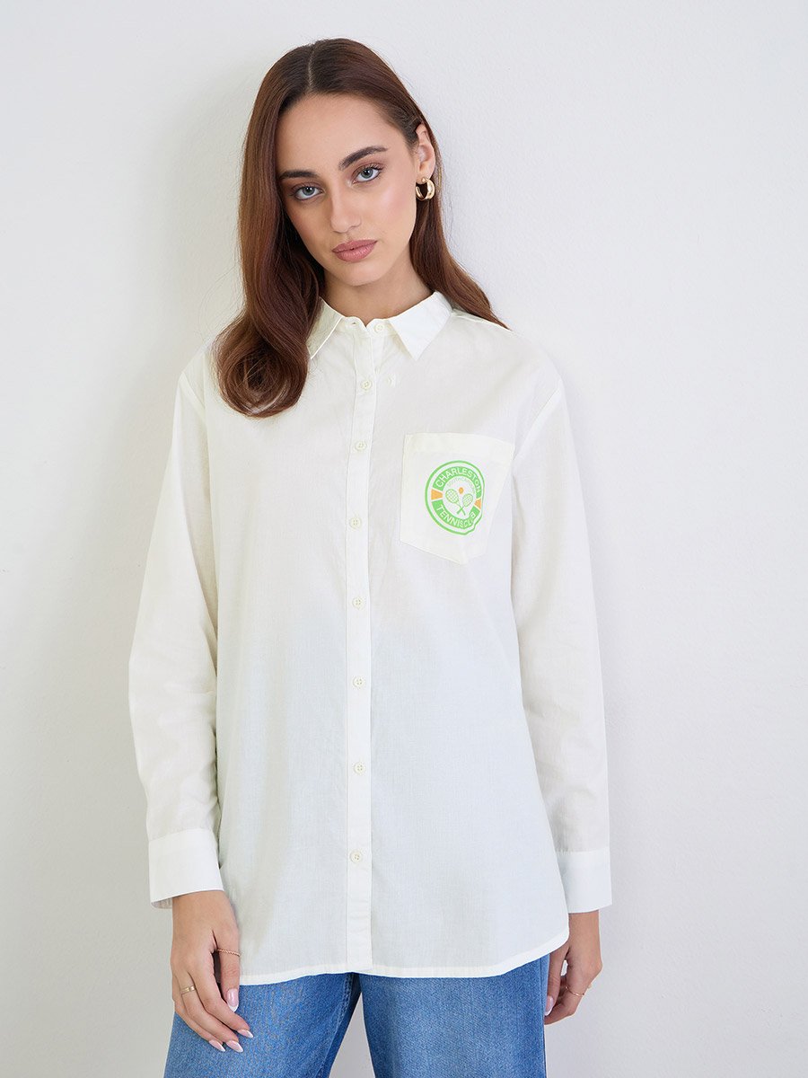 White Longline Shirt with Printed Patch Pocket