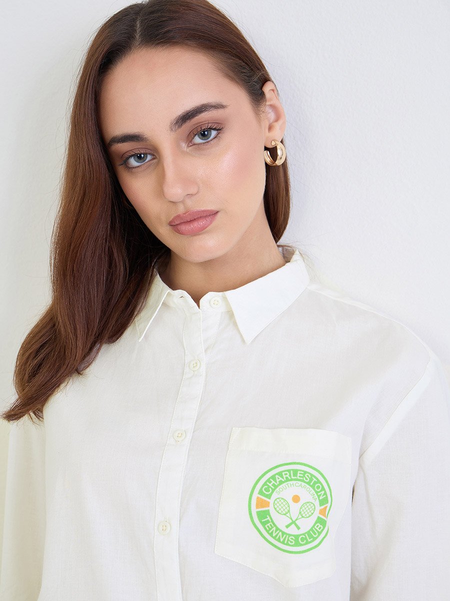 White Longline Shirt with Printed Patch Pocket