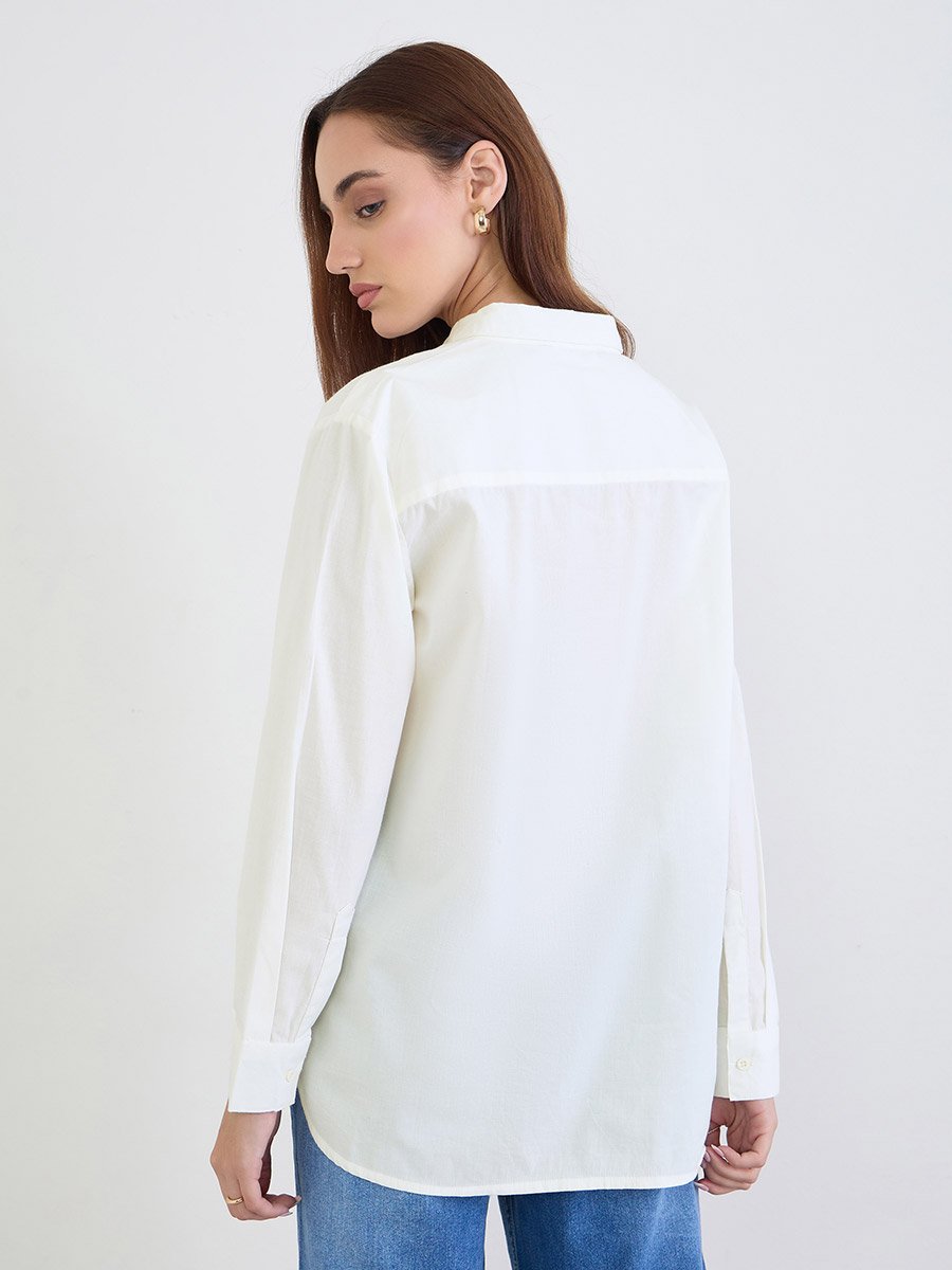 White Longline Shirt with Printed Patch Pocket