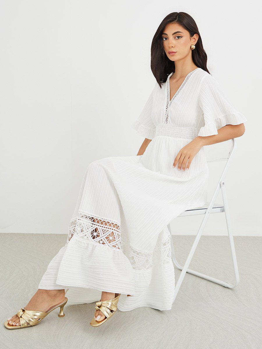 Lace Detail Short Sleeves A-Line Maxi Dress
