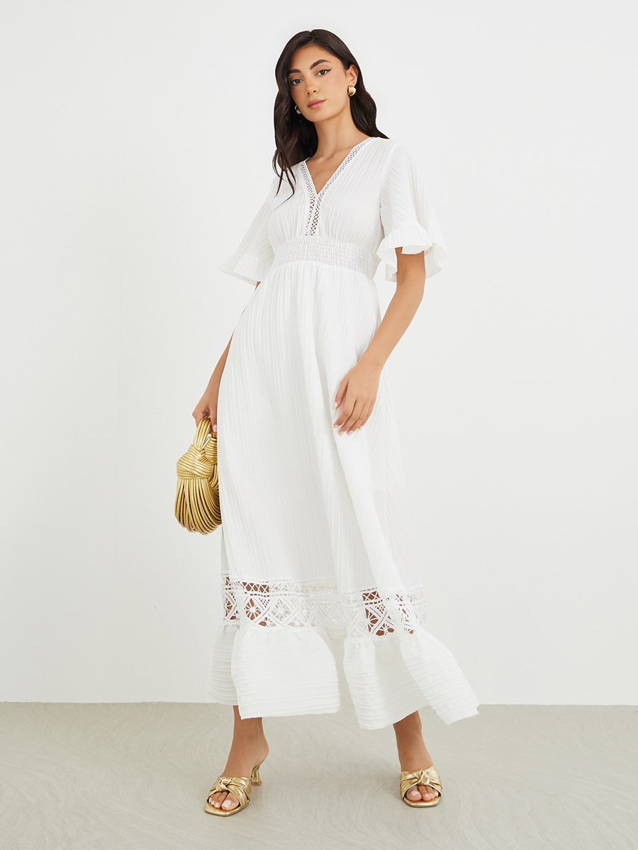 Lace Detail Short Sleeves A-Line Maxi Dress