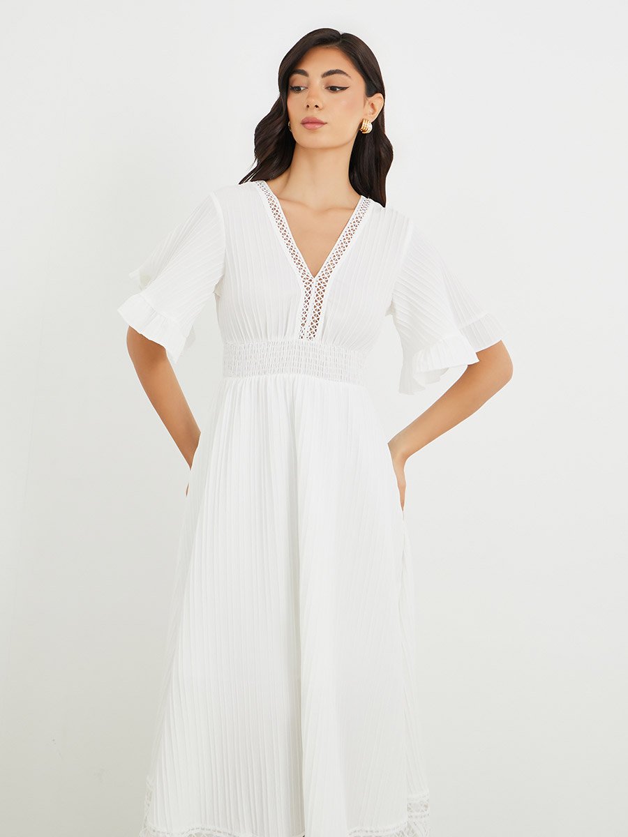 Lace Detail Short Sleeves A-Line Maxi Dress