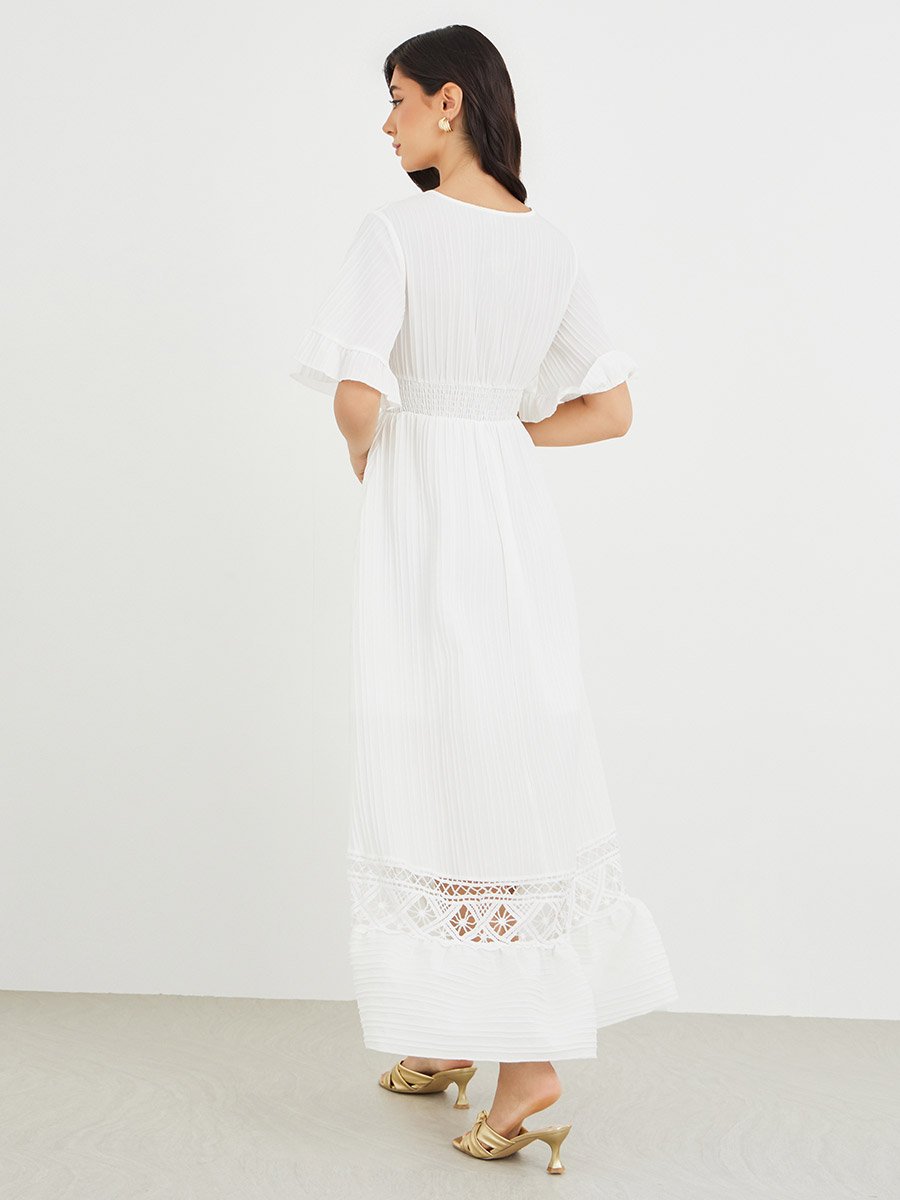 Lace Detail Short Sleeves A-Line Maxi Dress