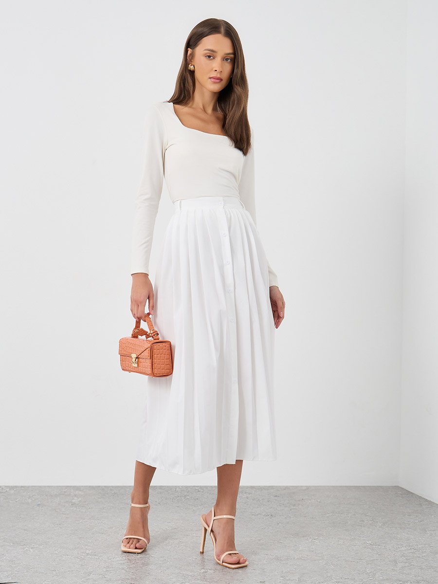 Solid Pleated A-Line Midi Skirt with Button Front