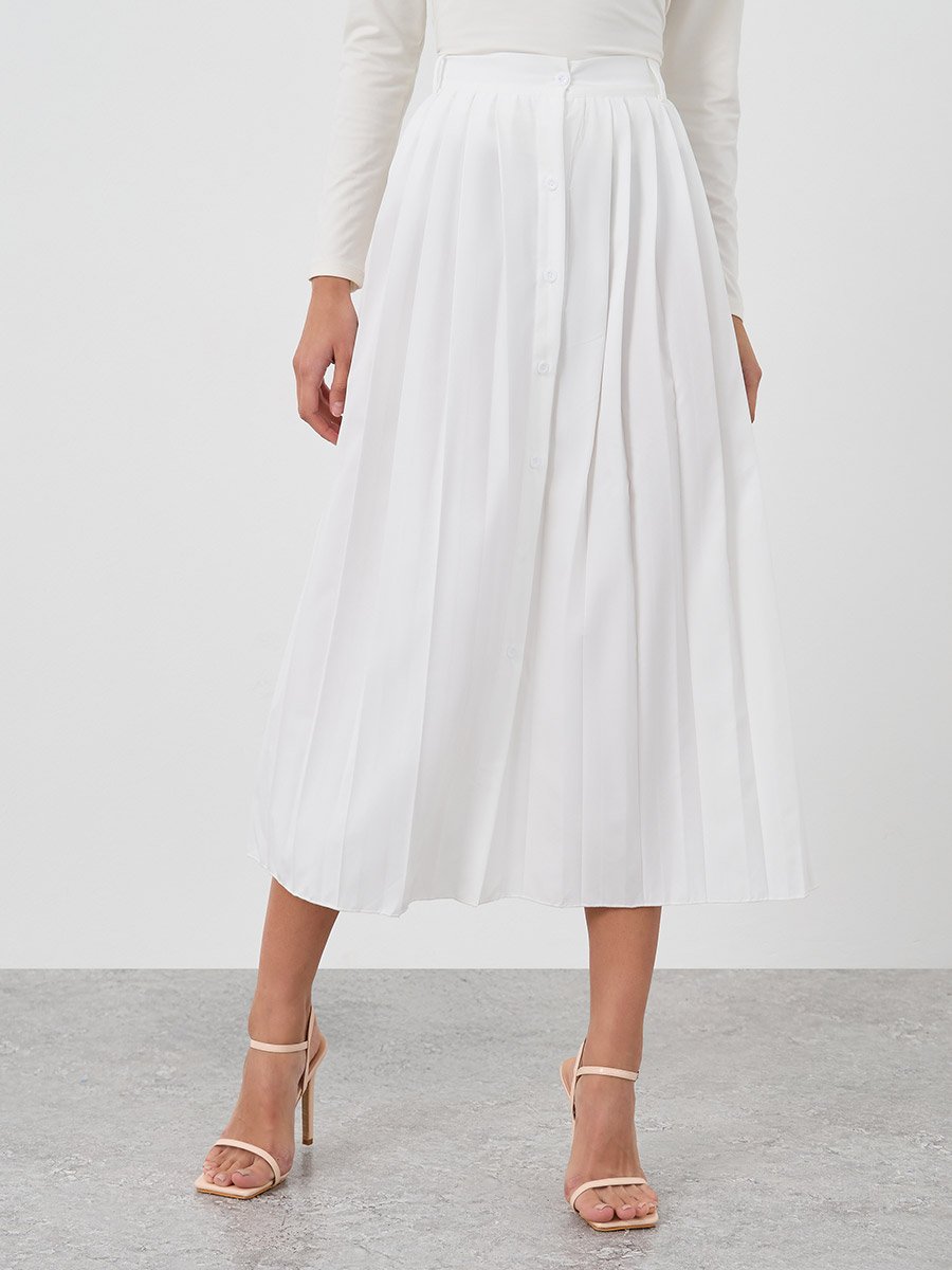 Solid Pleated A-Line Midi Skirt with Button Front