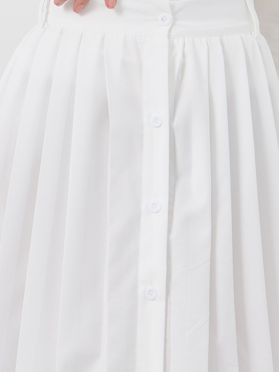 Solid Pleated A-Line Midi Skirt with Button Front