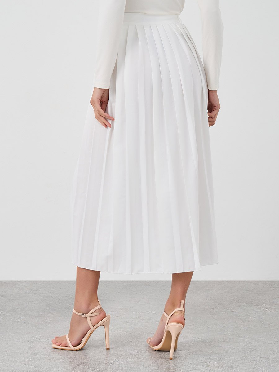 Solid Pleated A-Line Midi Skirt with Button Front