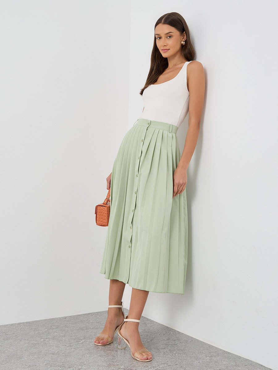 Pleated Buttoned A-Line Midi Skirt