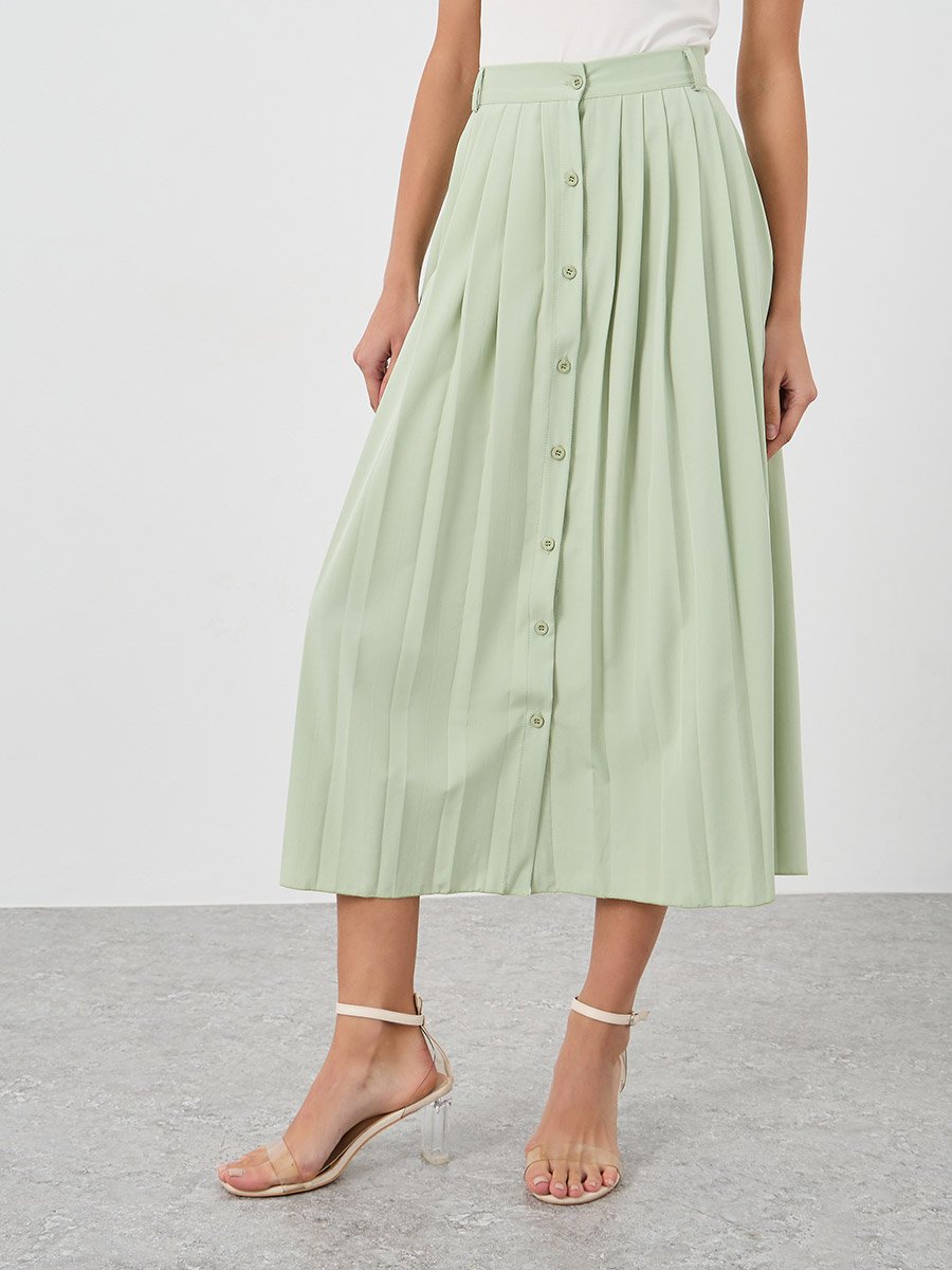 Pleated Buttoned A-Line Midi Skirt