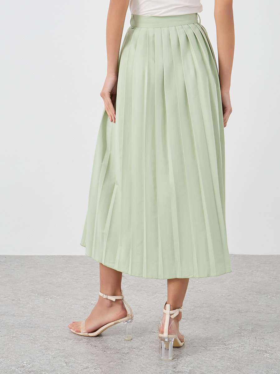 Pleated Buttoned A-Line Midi Skirt