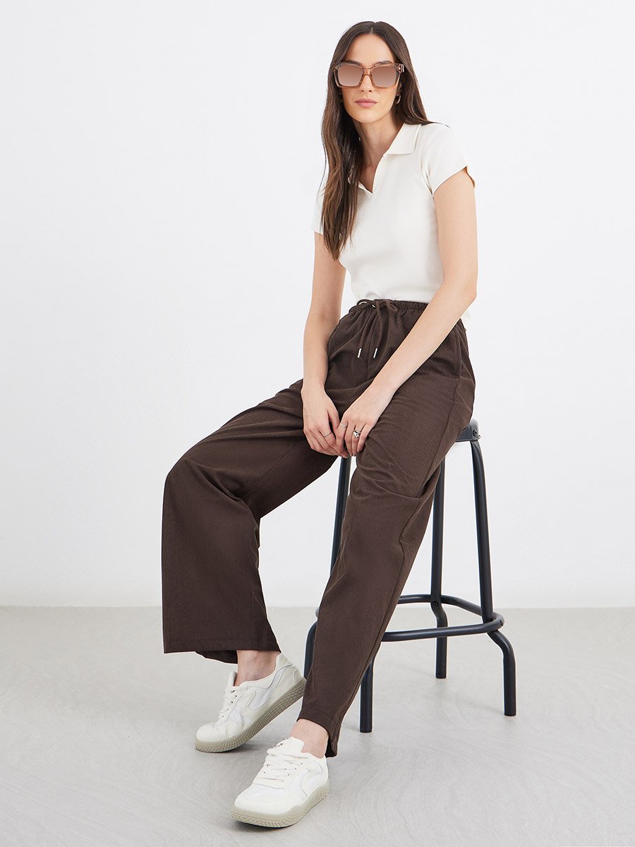 Coffee Brown Drawstring Relaxed Fit Trousers