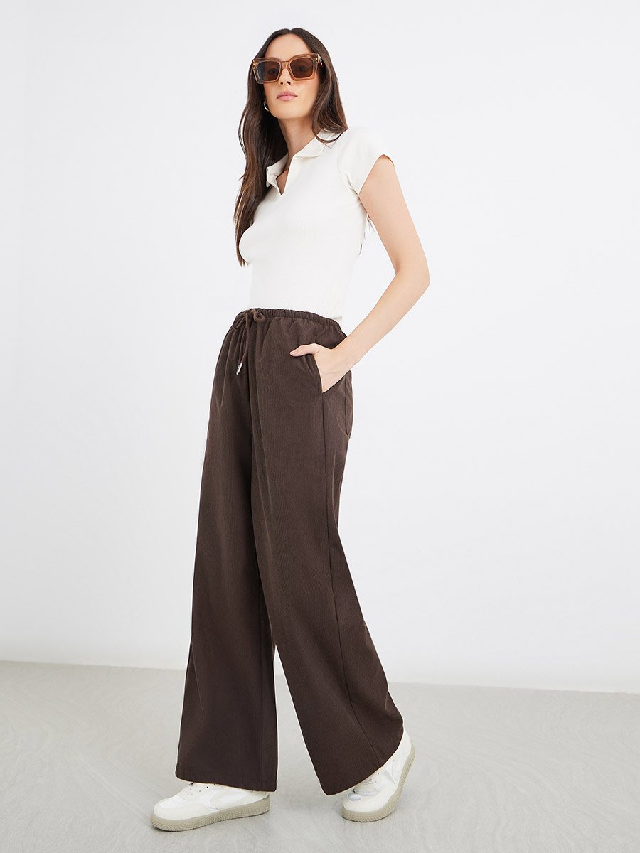 Coffee Brown Drawstring Relaxed Fit Trousers