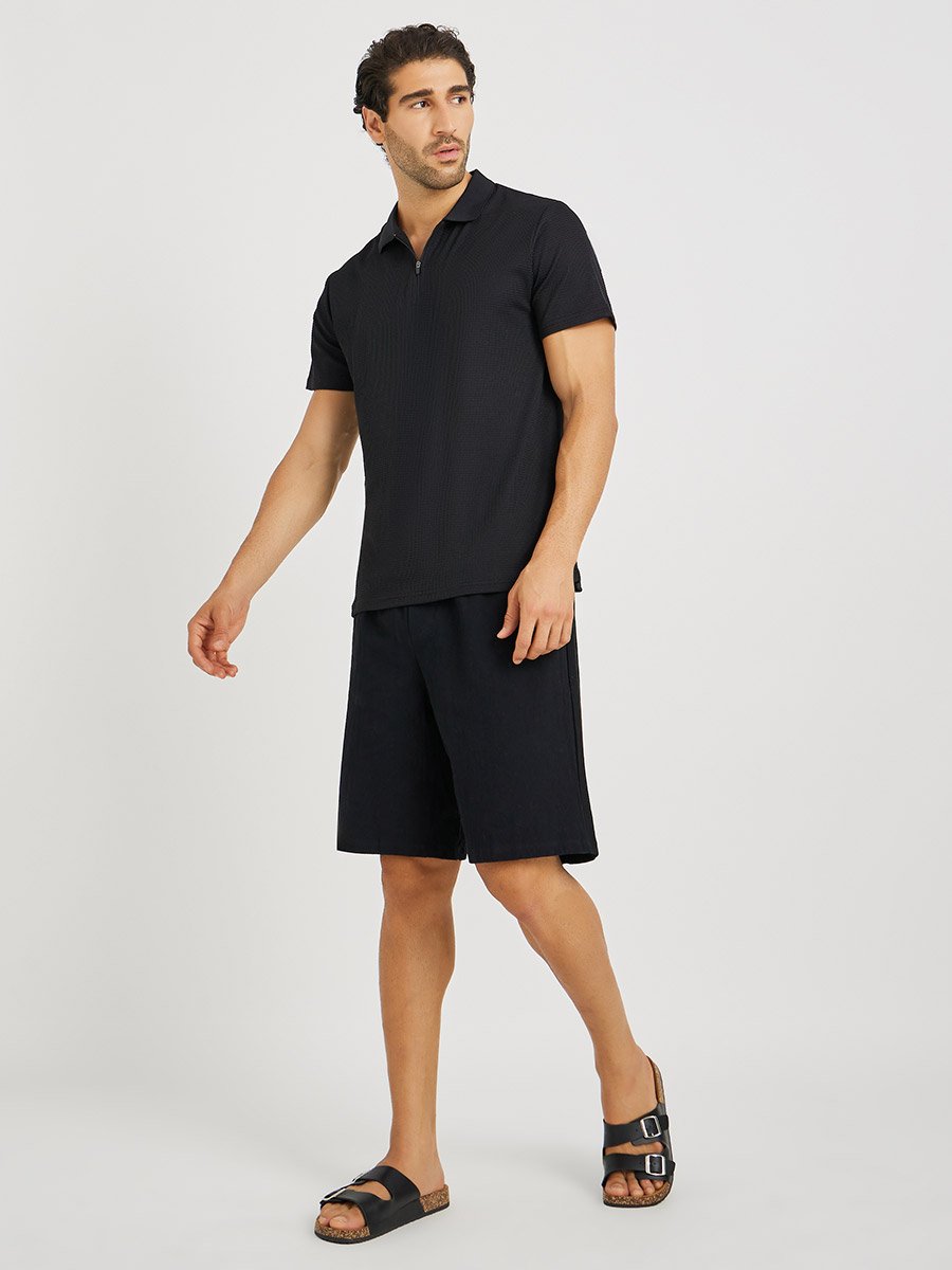 Men Black Solid Drawstring Waist Bermuda Shorts