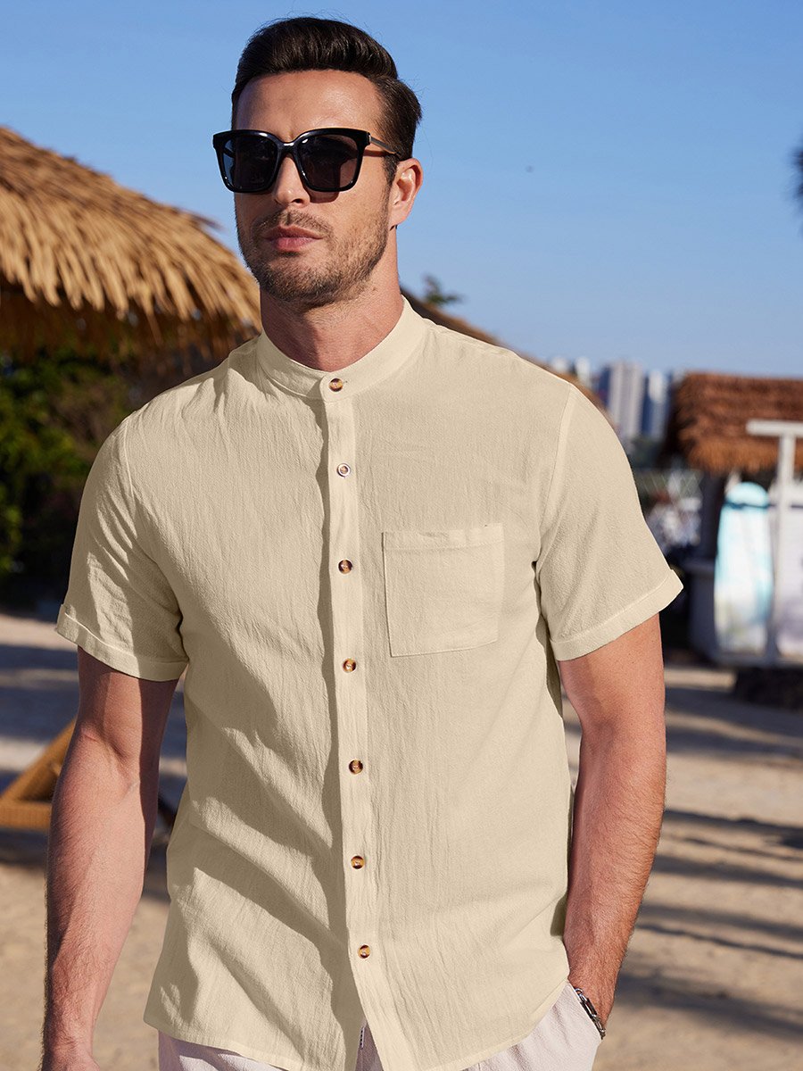 Solid Short Sleeve Button Front Pocket Detail Shirt