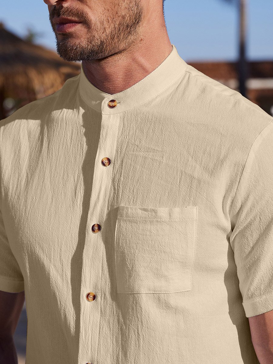 Solid Short Sleeve Button Front Pocket Detail Shirt
