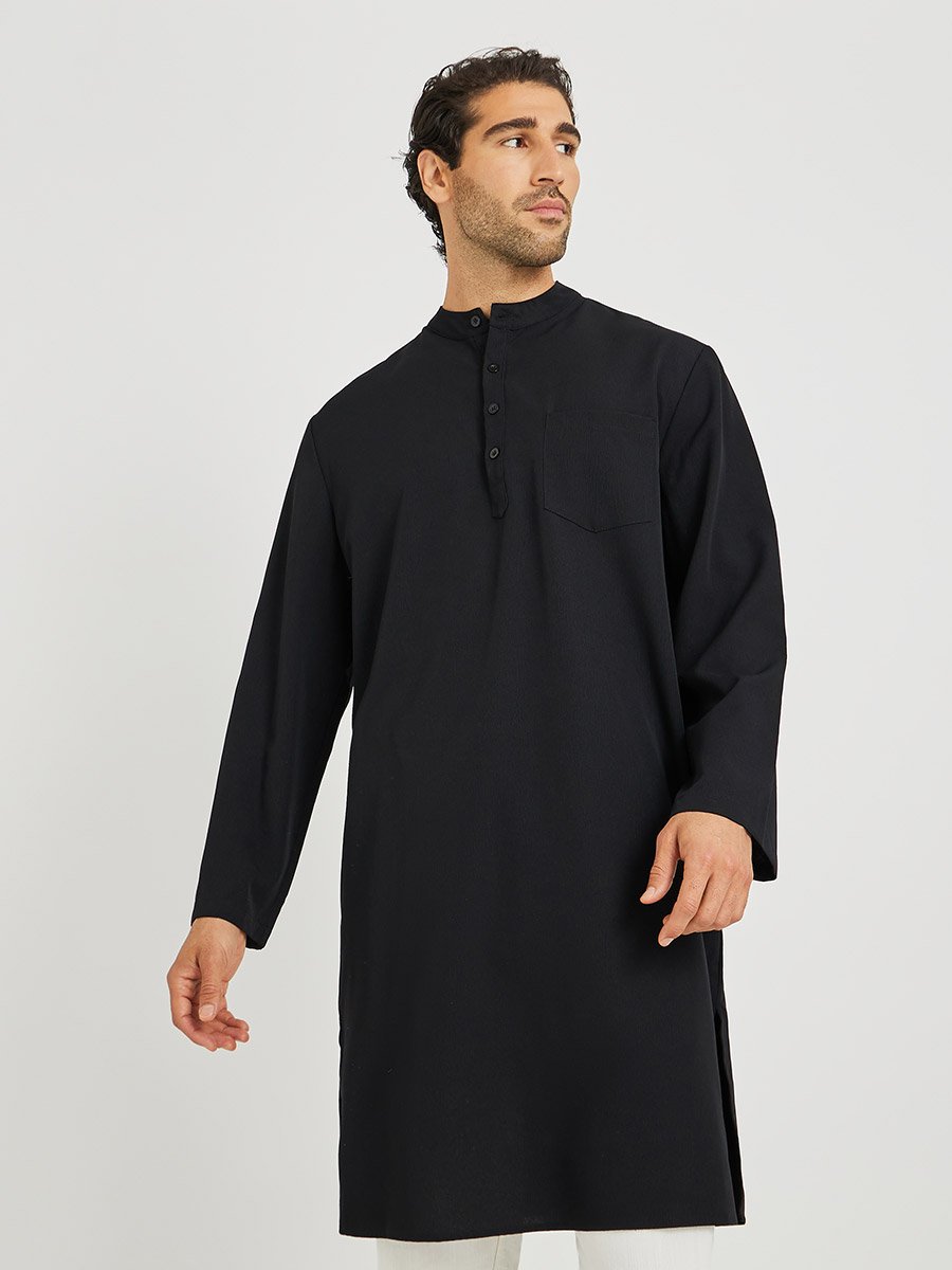 Men Black Solid Stand Collar Long Sleeve Kurta