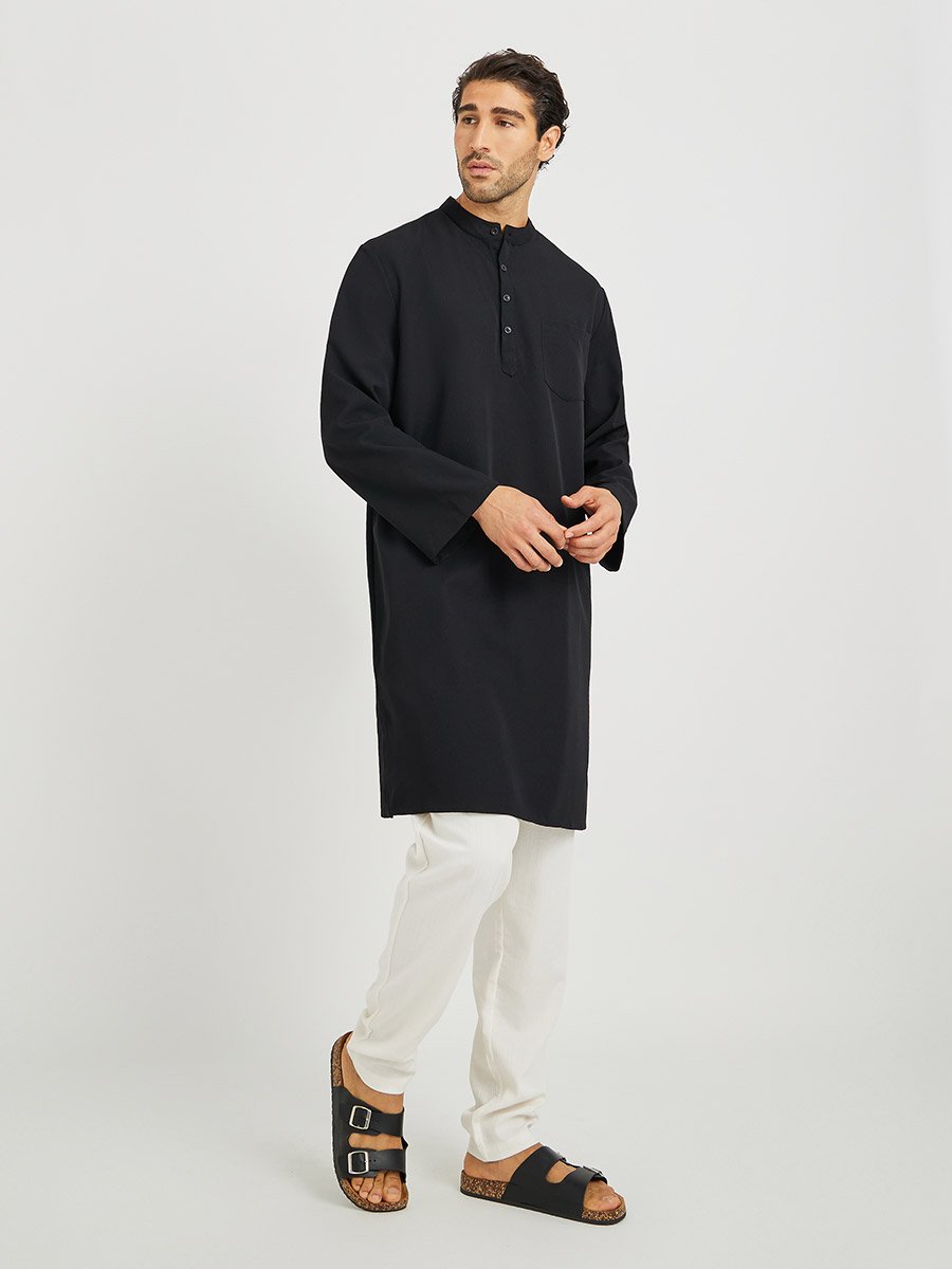 Men Black Solid Stand Collar Long Sleeve Kurta