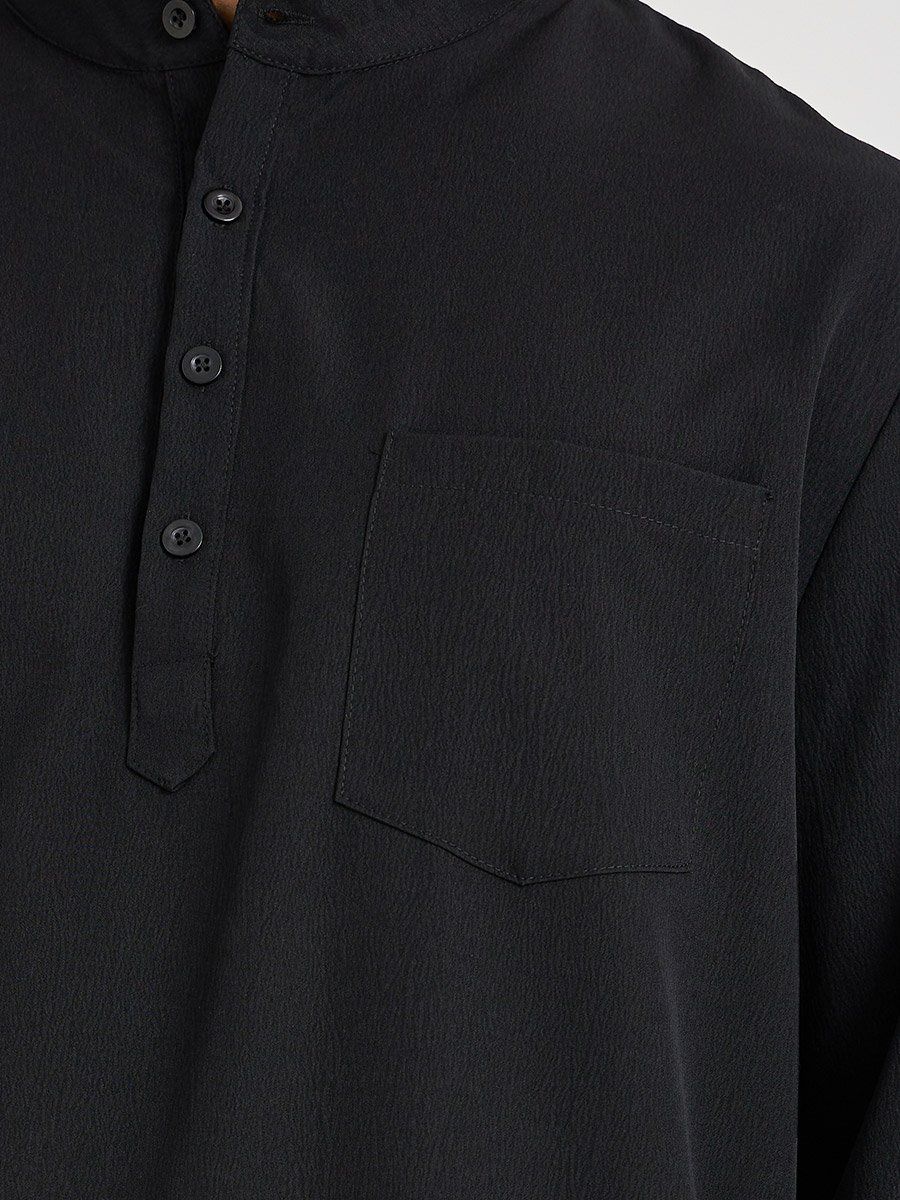 Men Black Solid Stand Collar Long Sleeve Kurta