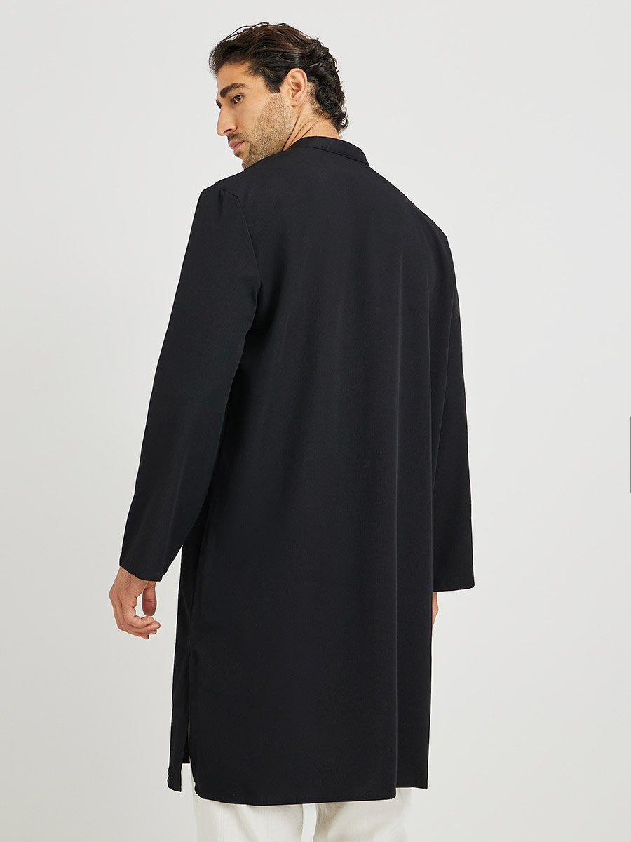 Men Black Solid Stand Collar Long Sleeve Kurta