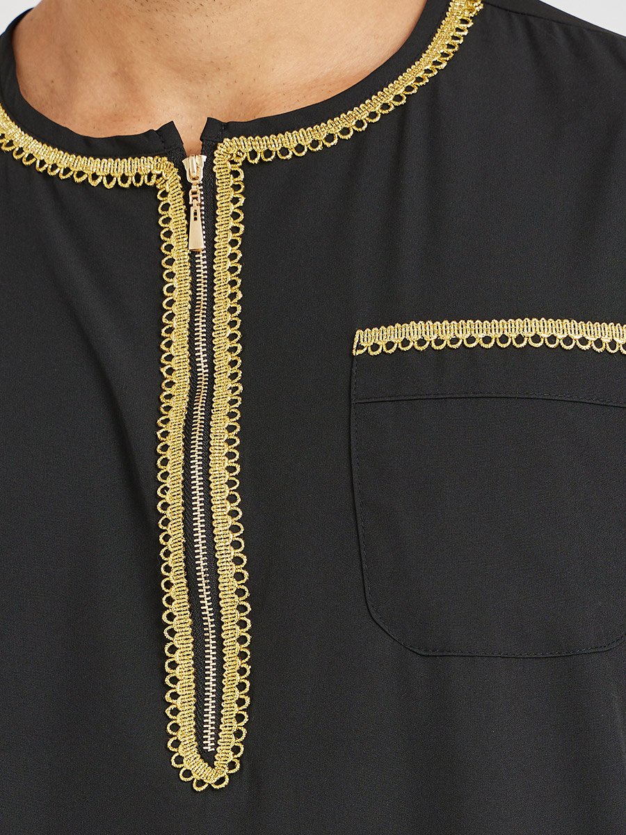 Men Lace Detail Long Sleeve Round Neck Kurta