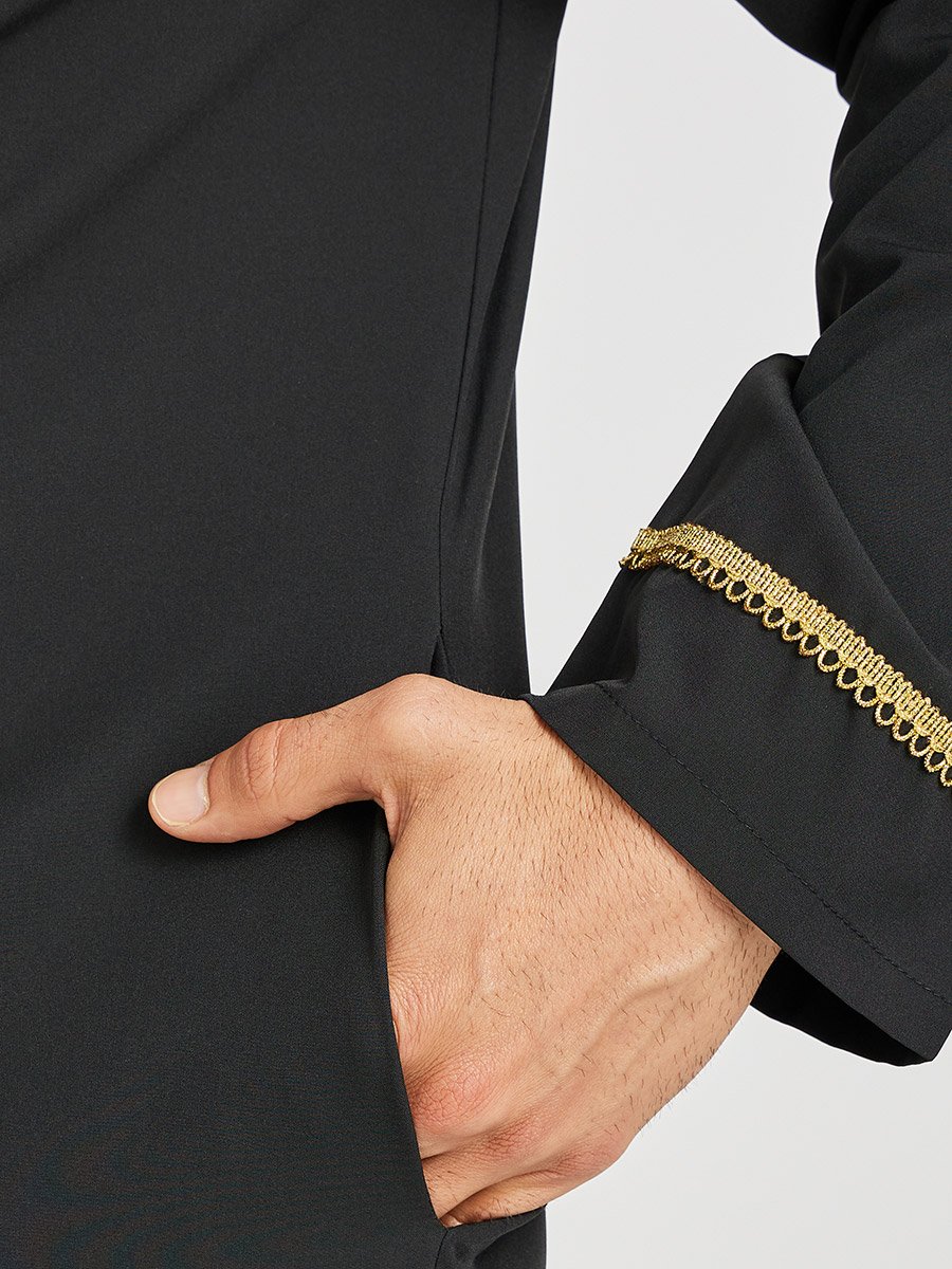Men Lace Detail Long Sleeve Round Neck Kurta