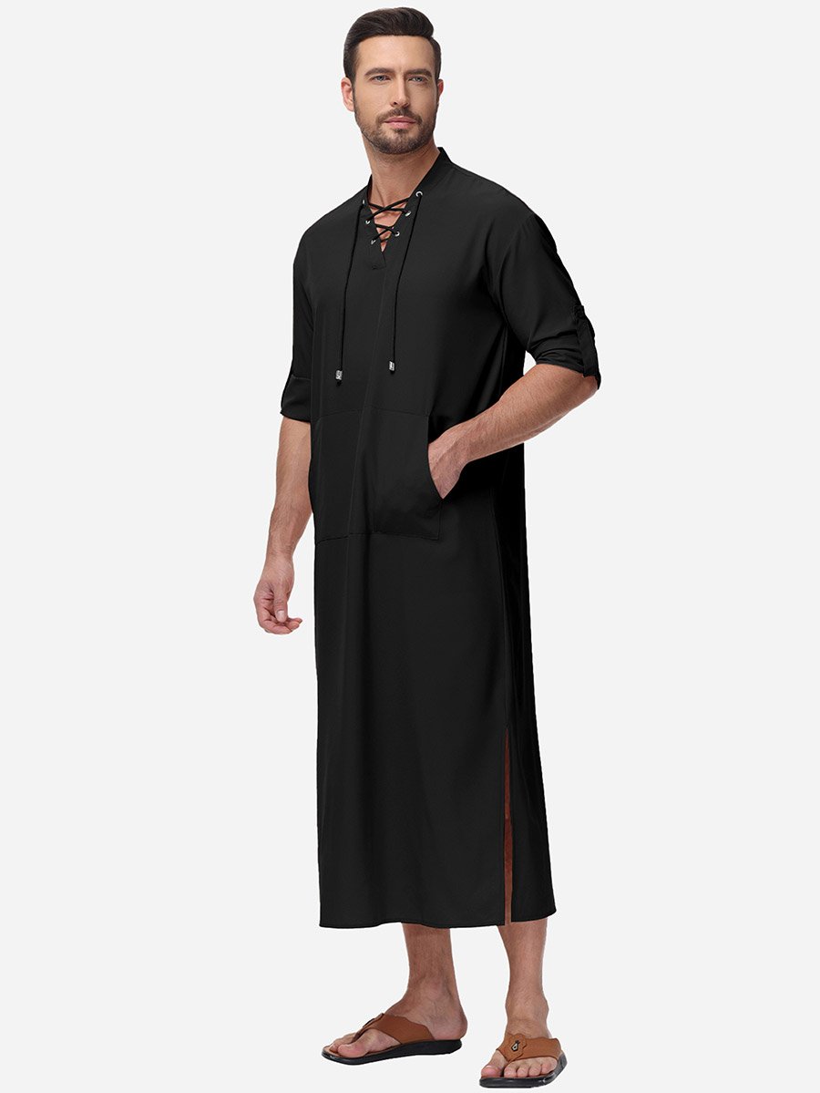 روب سادة بأكمام طويلة وأربطة مع جيب