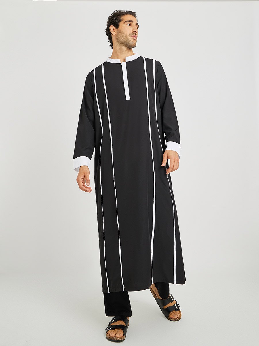 Black Striped Stand Collar Long Sleeve Kurta