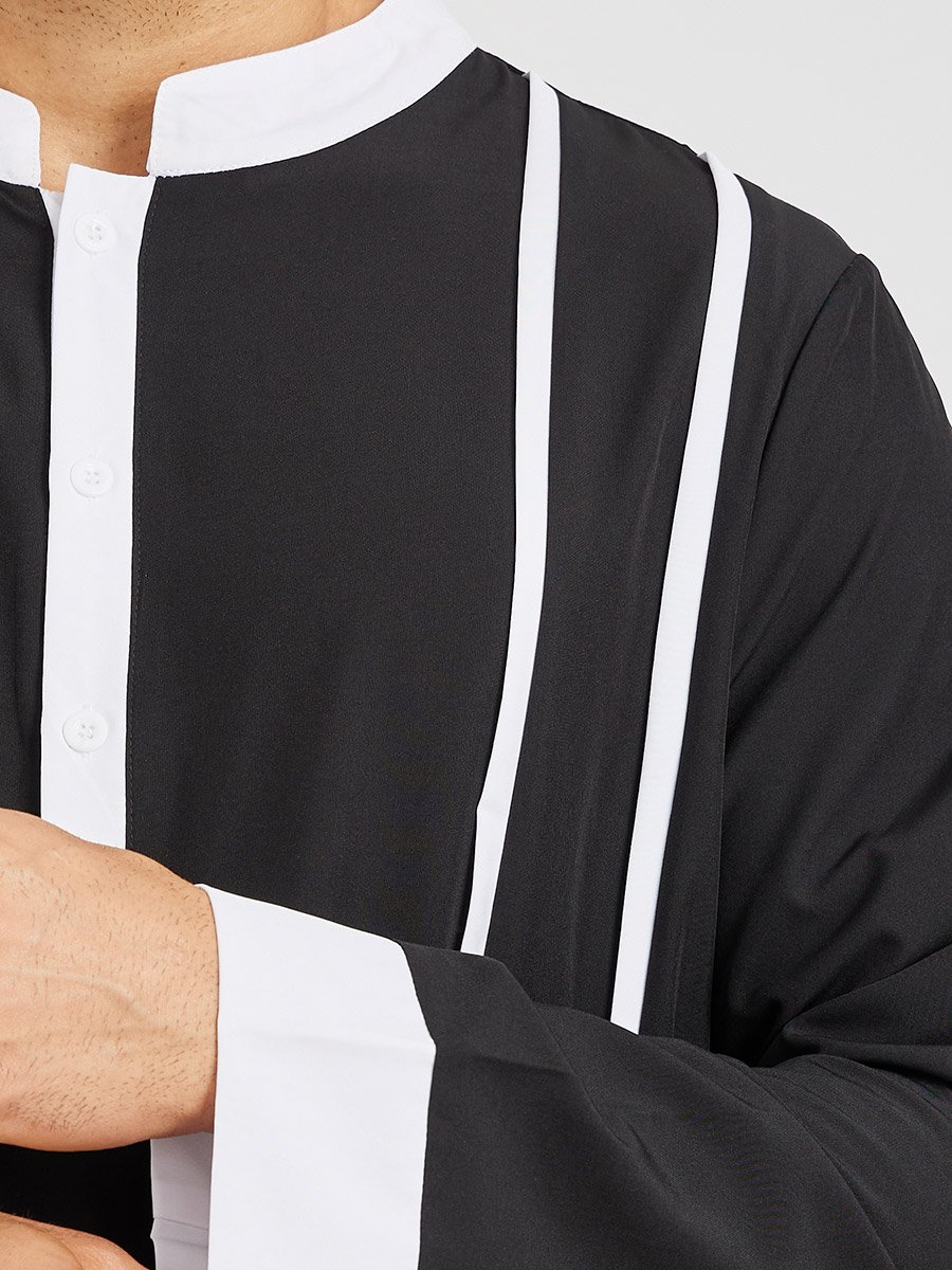 Black Striped Stand Collar Long Sleeve Kurta