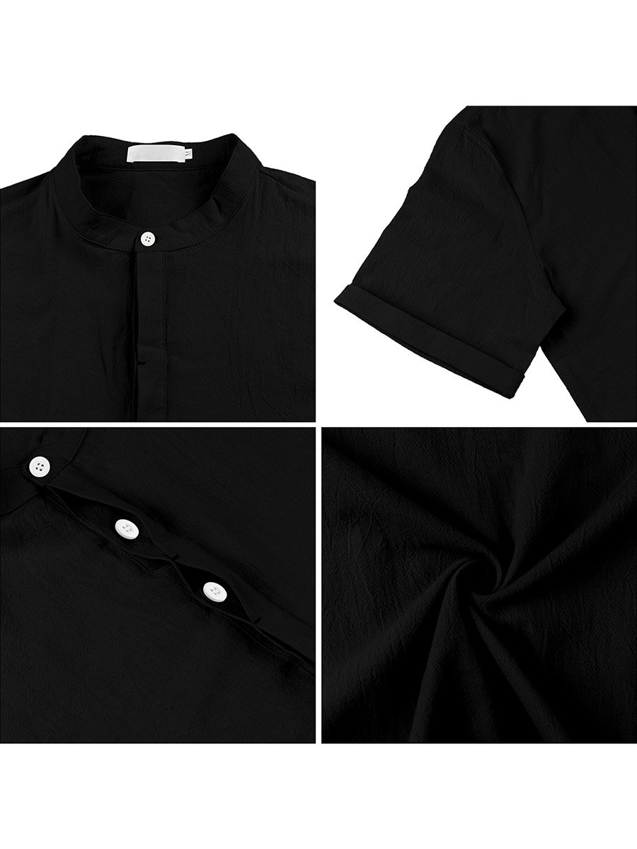 Solid Mandarin Collar Short Sleeve Shirt